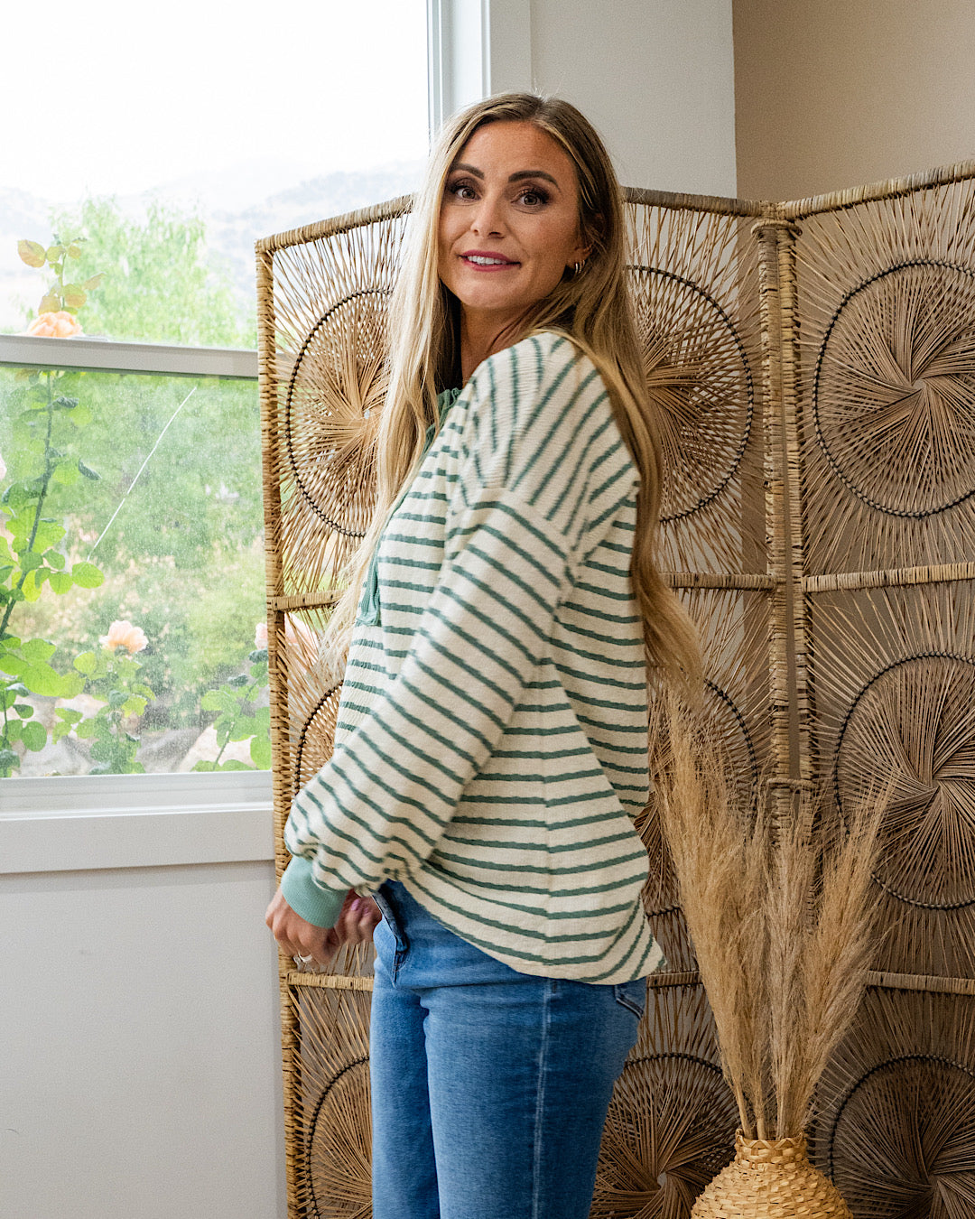 NEW! Katherine Textured Striped Henley Top - Sage Lovely Melody