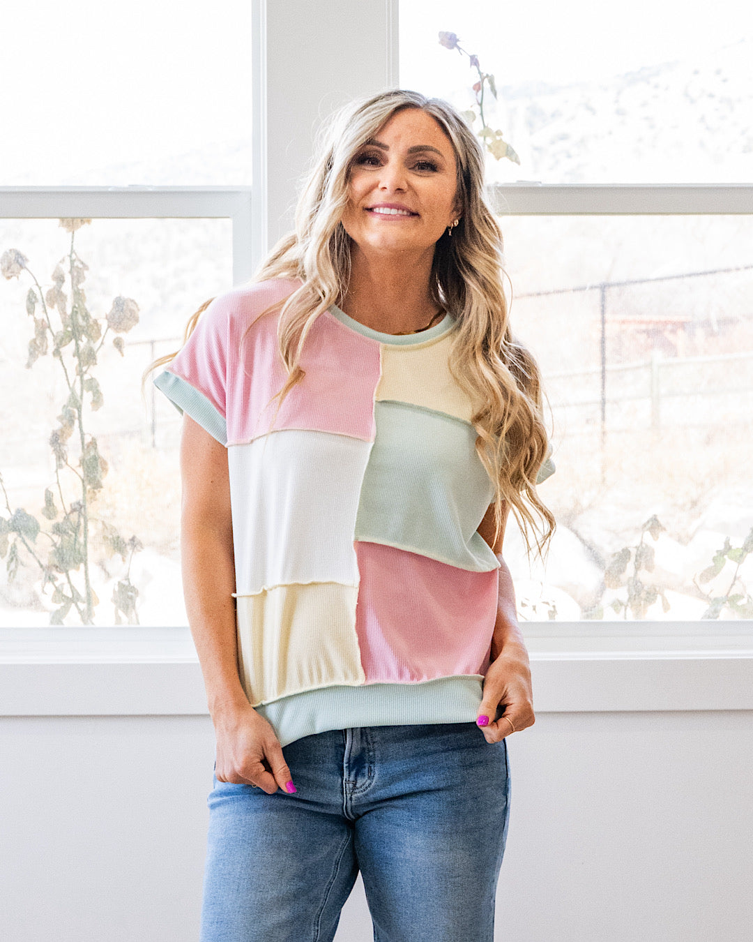 Pink Colorblock Top Clarity Micro Ribbed Color Block Top - Pink, Mint and Butter