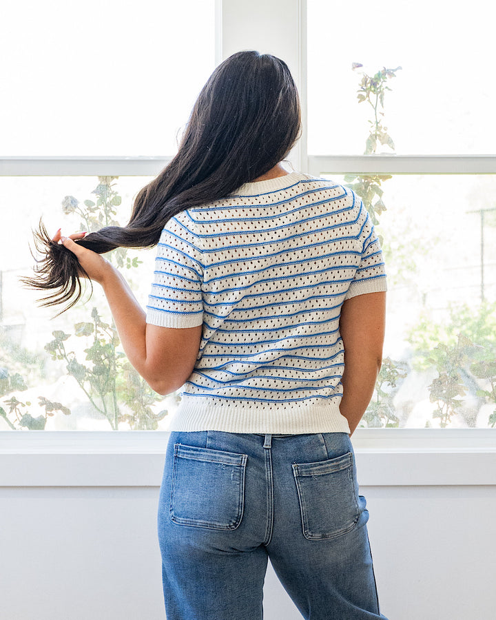 NEW! Kaitlyn Open Knit Striped Sweater Top - Blue Staccato