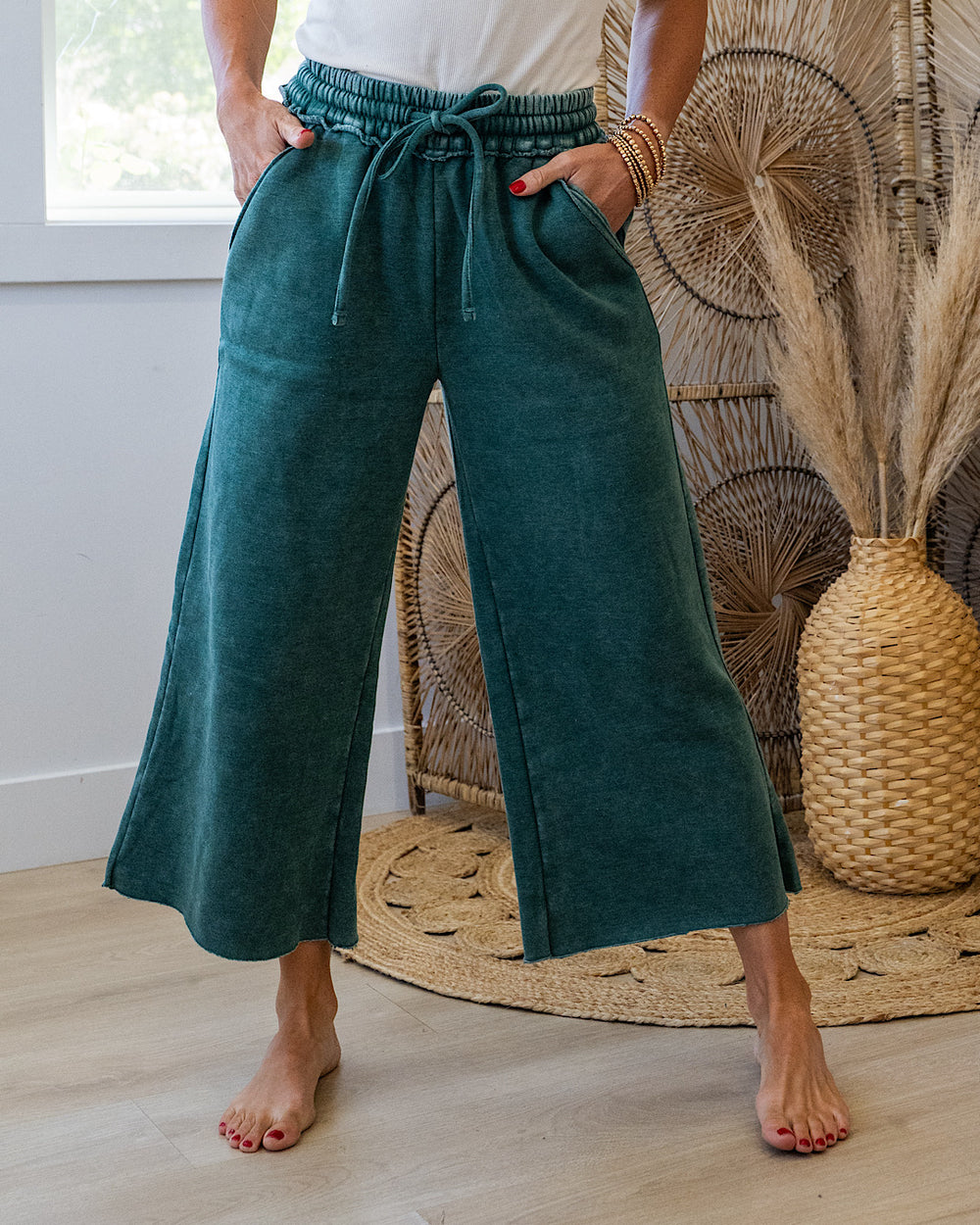 NEW! Cropped Wide Leg Comfy Pants - Dark Green Zenana