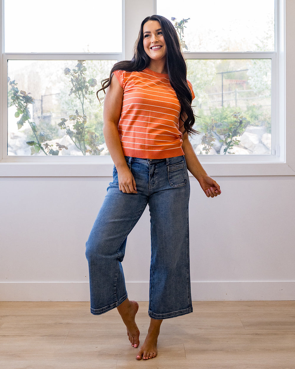NEW! Allie Striped Short Sleeve Sweater - Orange Staccato