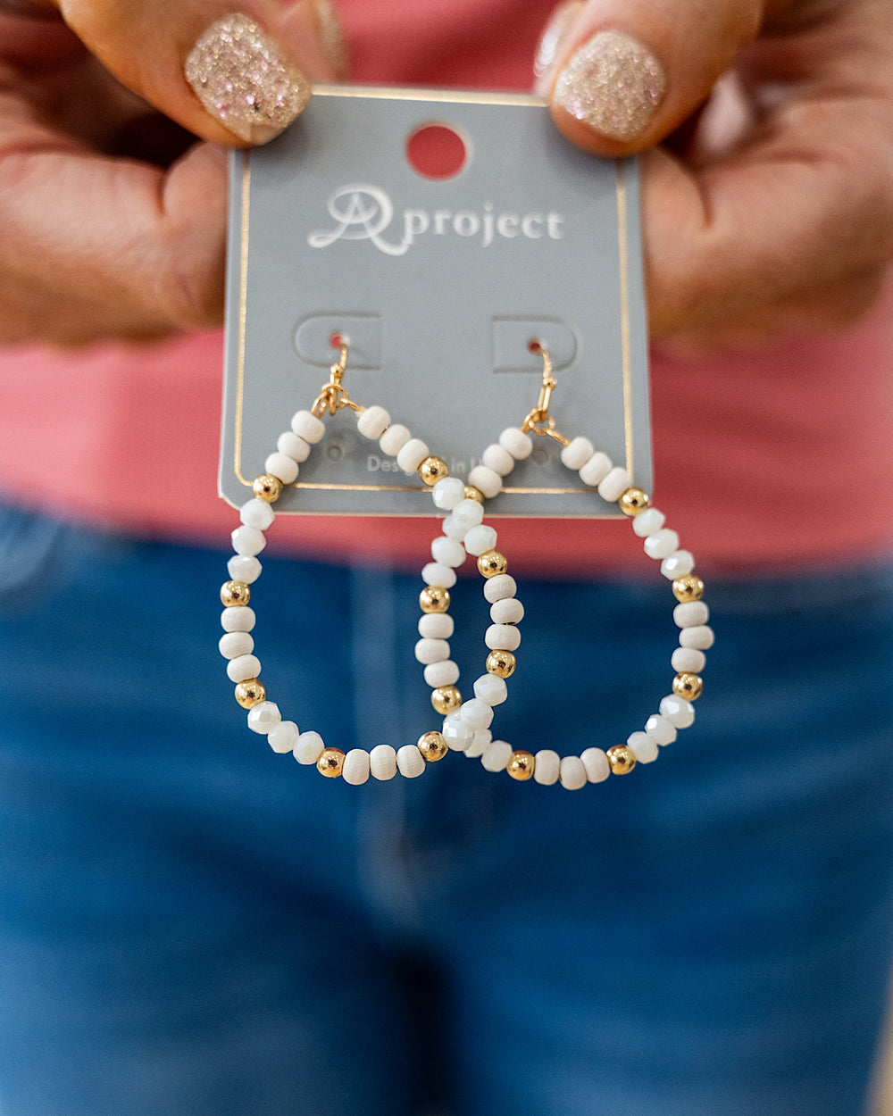 Multi Beaded Tear Drop Dangle Earrings - White & Gold Trendy Wholesale