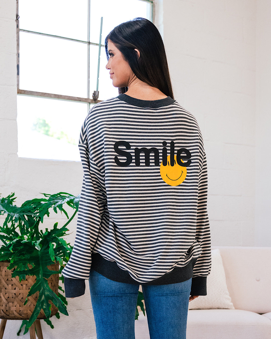 NEW! Smile Sweatshirt - Charcoal and Ivory Striped  White Birch   