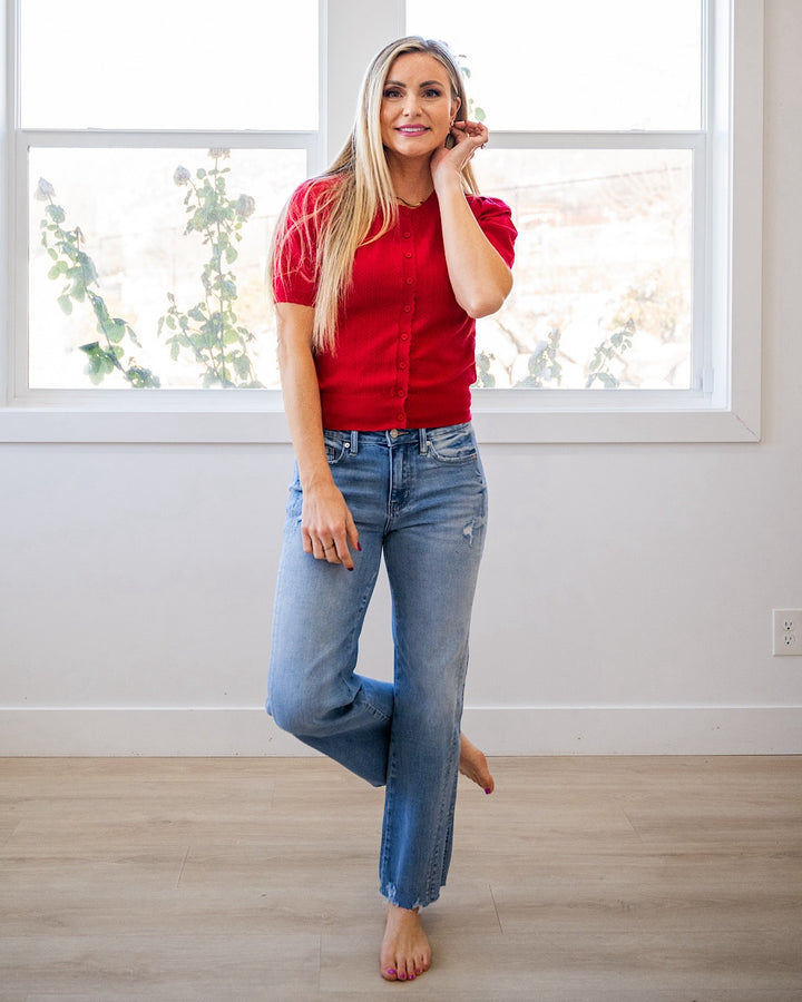 Brooke Pointelle Short Sleeve Cardigan - Poppy Red Be Cool
