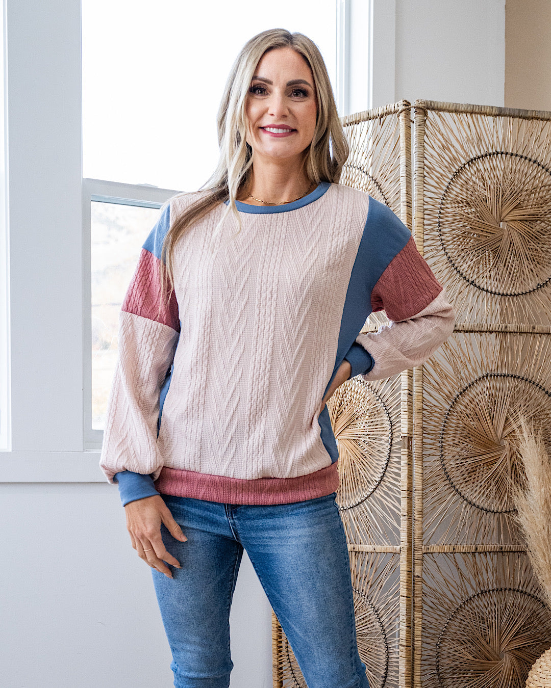 NEW! Elizabeth Cable Knit Color Block Top - Light Taupe Lovely Melody