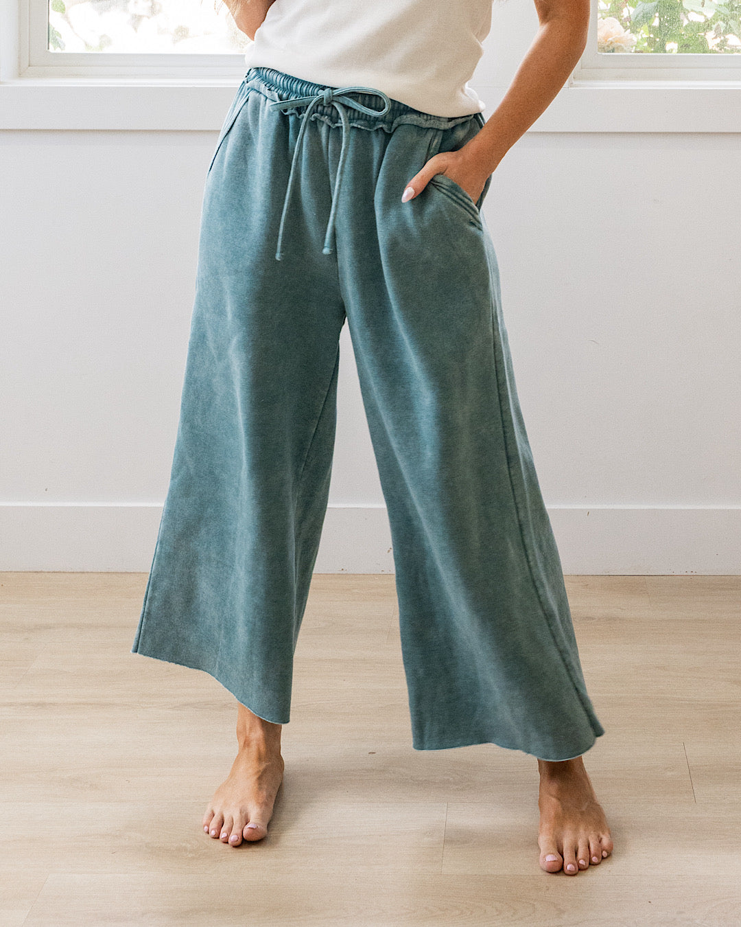 NEW! Cropped Wide Leg Comfy Pants - Teal Zenana
