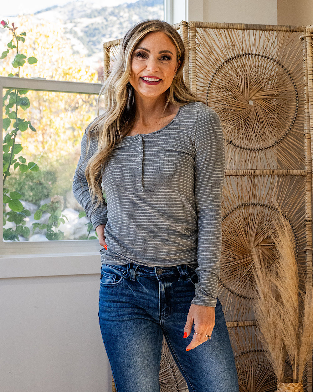 Dawn Striped Henley Long Sleeve Top - Color Options Available! Michelle Mae Charcoal