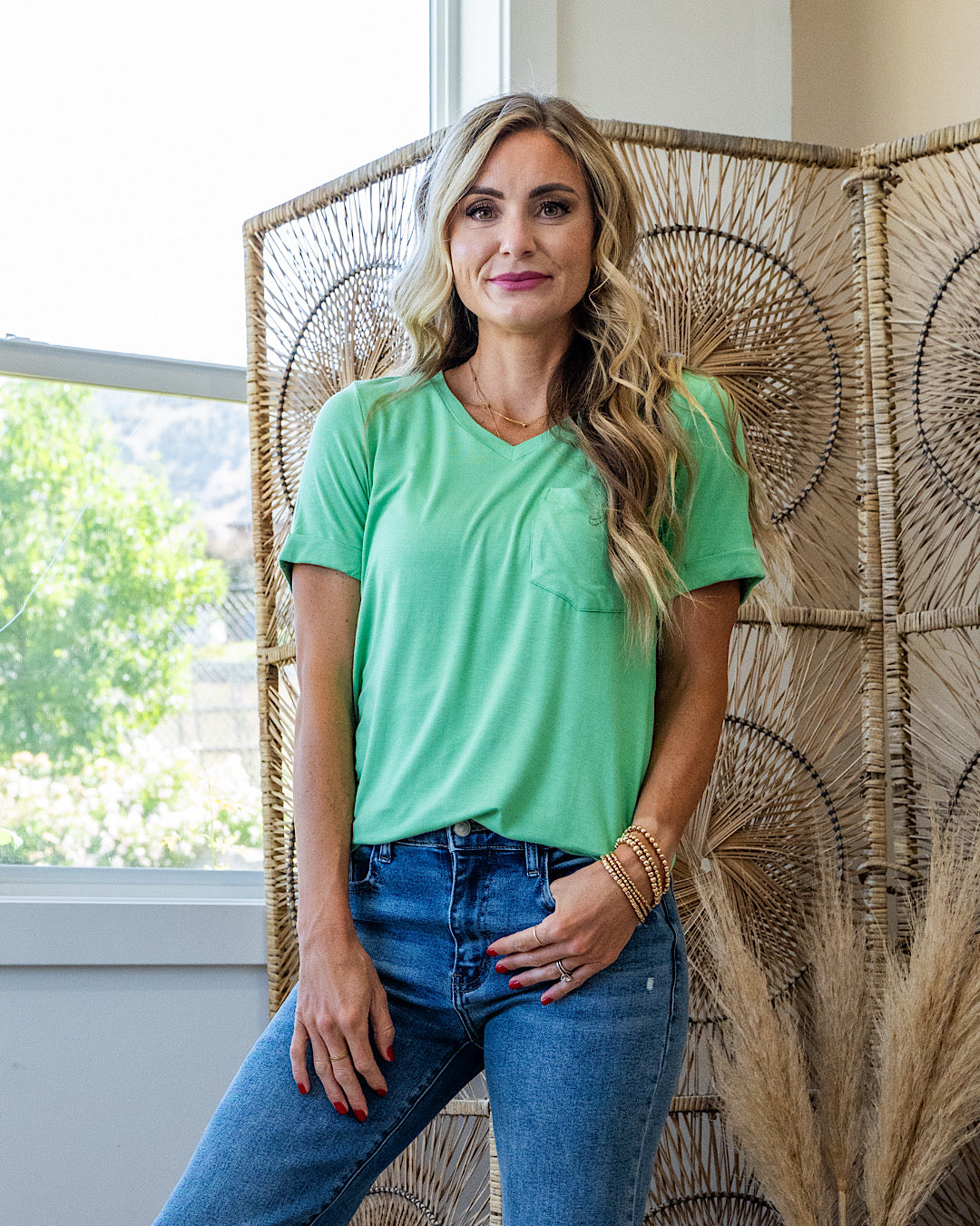 NEW! Step Right Out V Neck Pocket Top - Mint