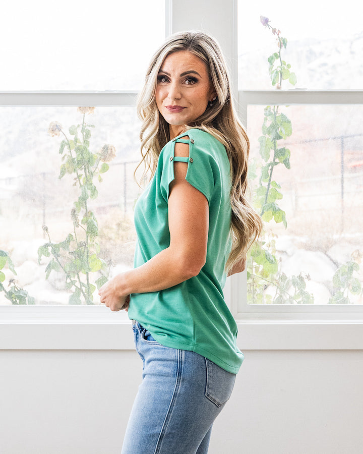 NEW! Can You See Me Caged Sleeve Detail Top - Green Staccato