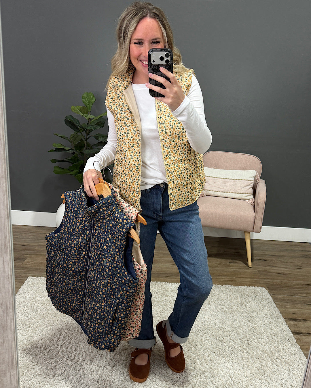 NEW! Juliana Floral Print Corduroy Vest - Cream & Pink