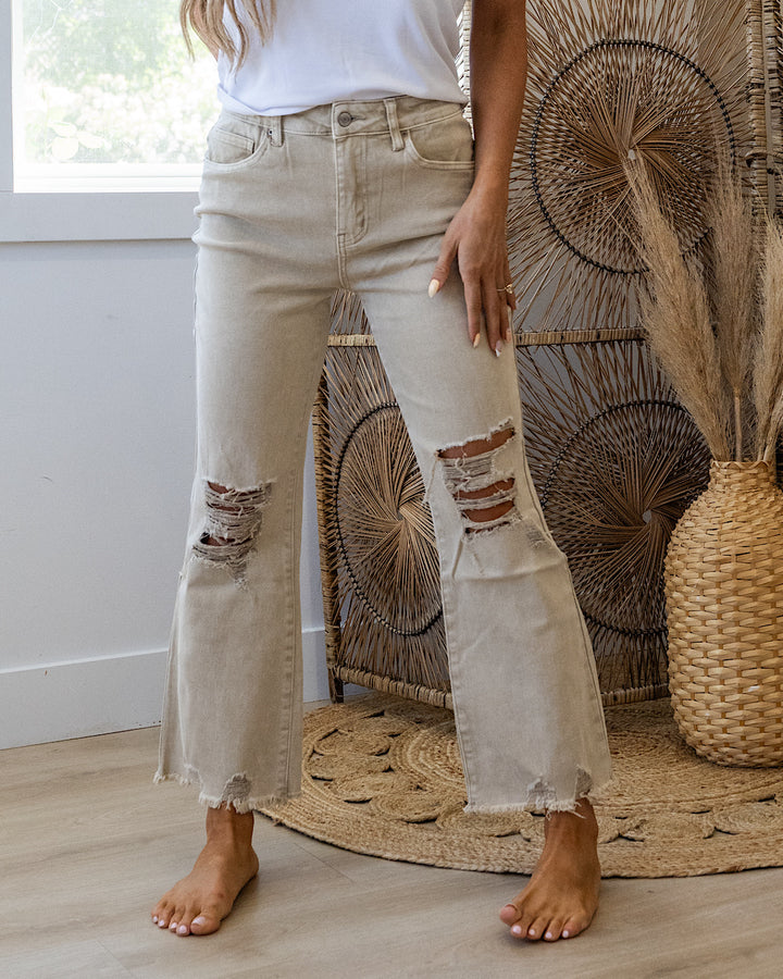 Gia Wide Leg Distressed Cropped Jeans - Sand Beige Zenana