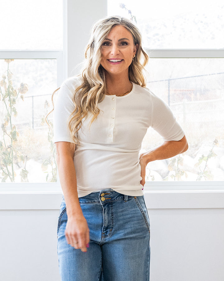 NEW! Emmy Micro Ribbed Henley Top - Ivory