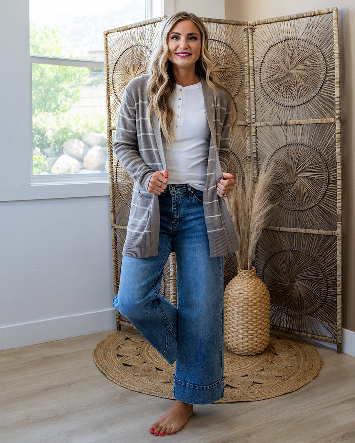 Debbie Striped Open Front Cardigan - Mocha Be Cool