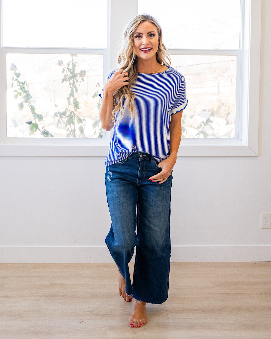 NEW! Claire Pin Striped Top - Ivory & Royal Blue Staccato