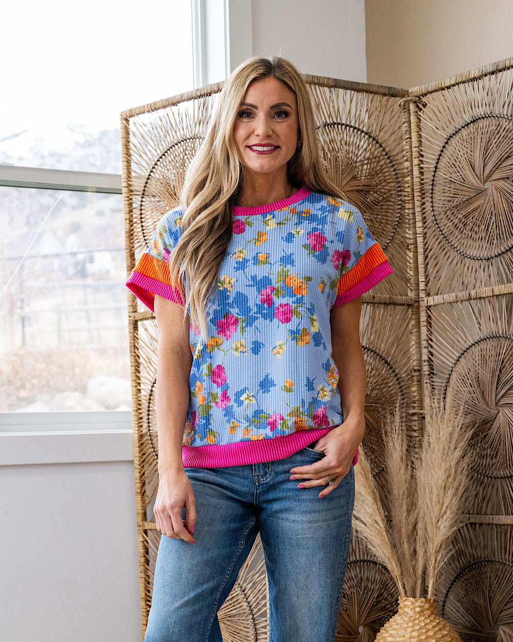 Lucia Corded Floral Color Block Top - Color Options Available! Lovely Melody Blue