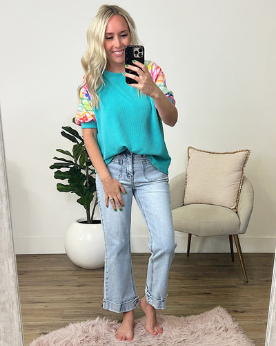 Caitlyn Turquoise Corded Top with Floral & Striped Sleeves FINAL SALE  Lovely Melody   