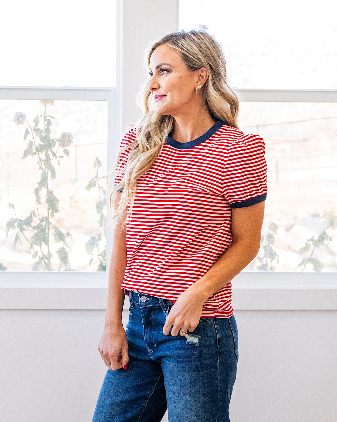 NEW! Mandy Puff Sleeve Striped Top - Red & Navy Staccato