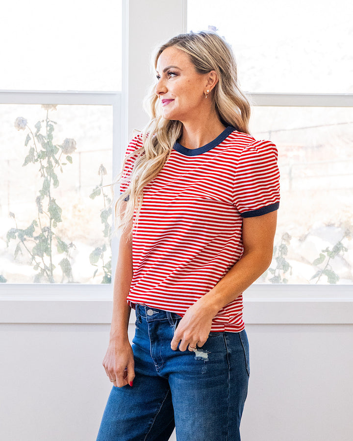 NEW! Mandy Puff Sleeve Striped Top - Red & Navy Staccato