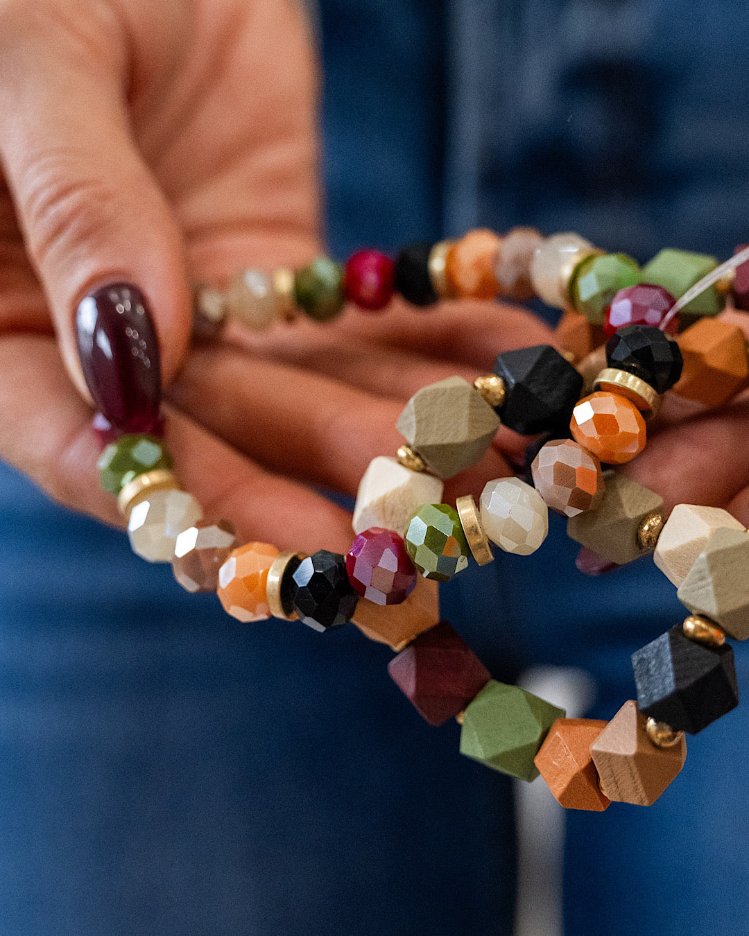 NEW! Earthtone Wood and Glass Beaded Bracelet Set  Trendy Wholesale   