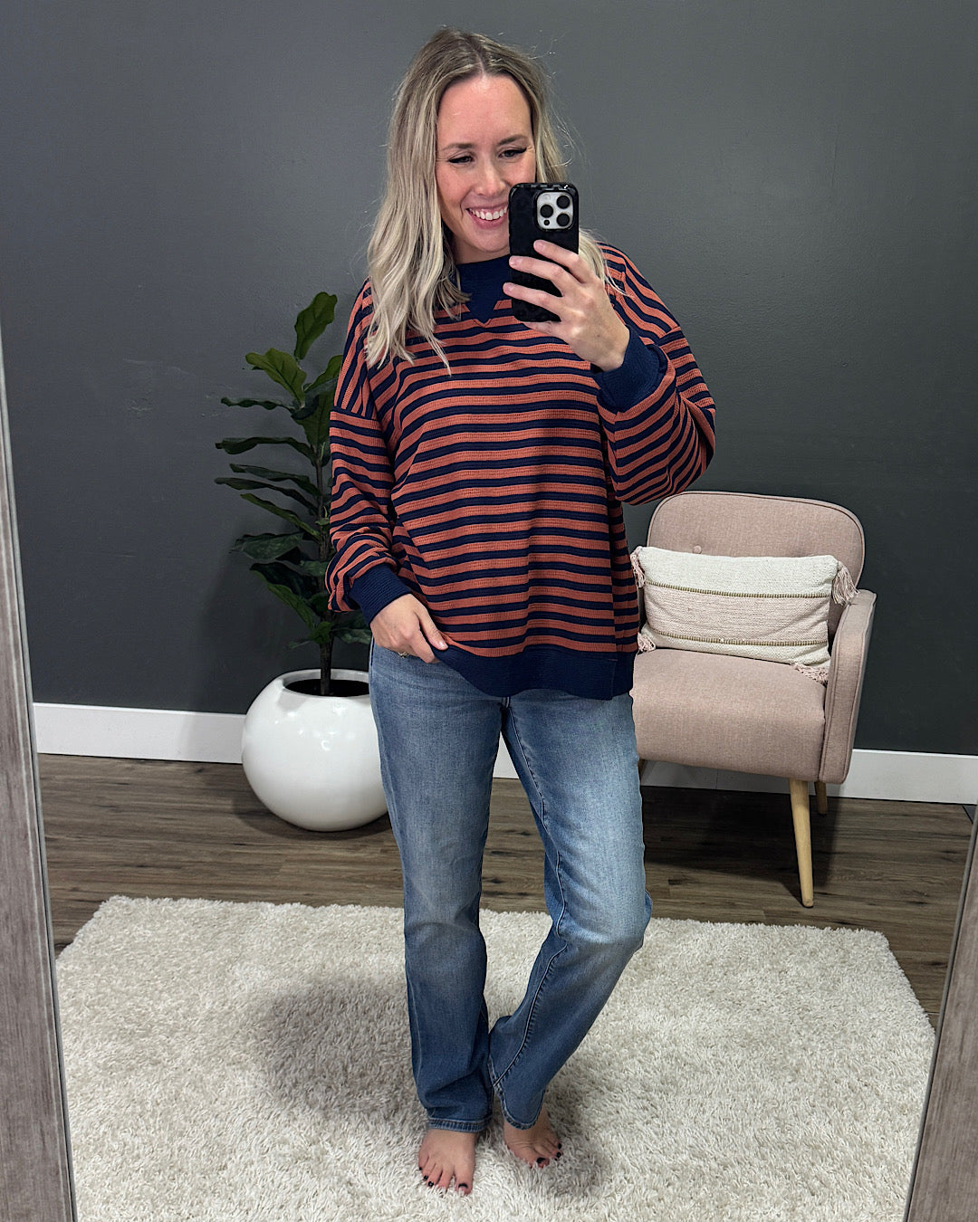 NEW! Can't Explain Striped Cloud Knit Sweatshirt - Navy & Rust Tres Bien