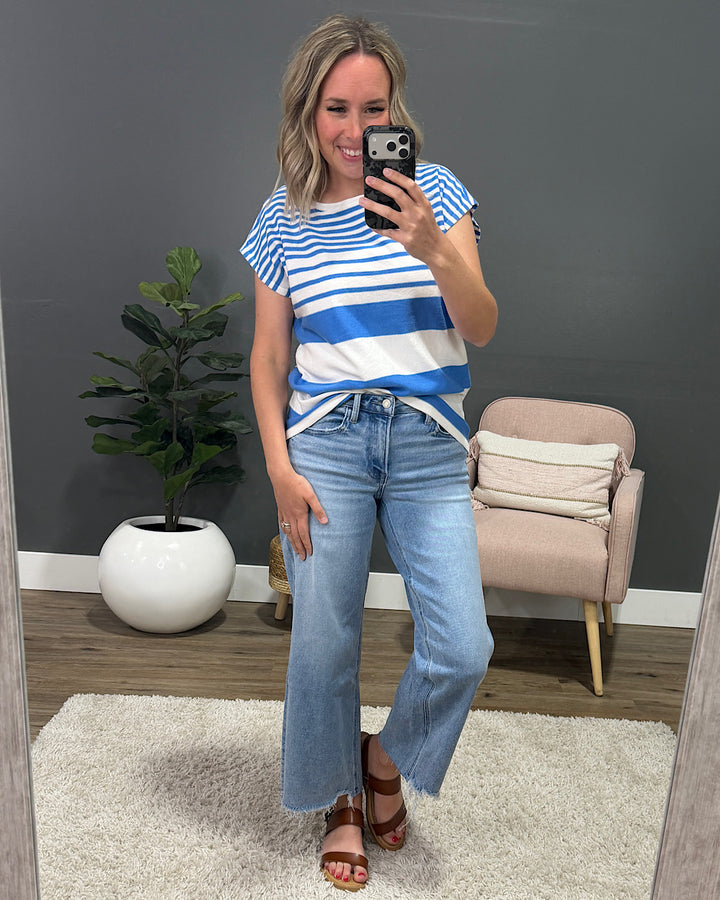 NEW! Delilah Striped Short Sleeve Sweater - Blue