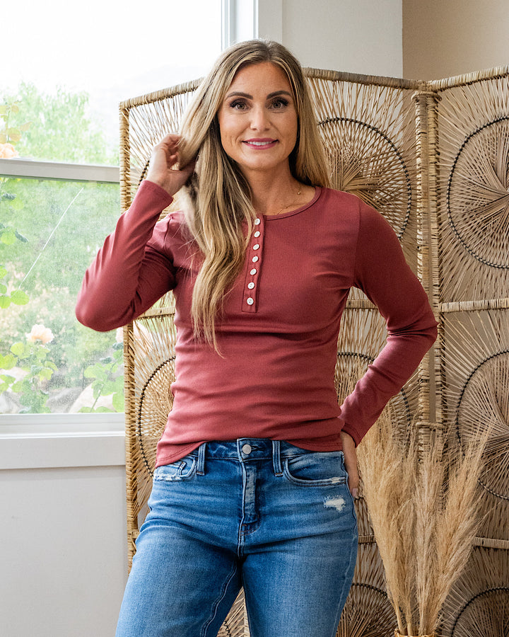 Tatum Micro Ribbed Henley Top - Dark Rose Lovely Melody