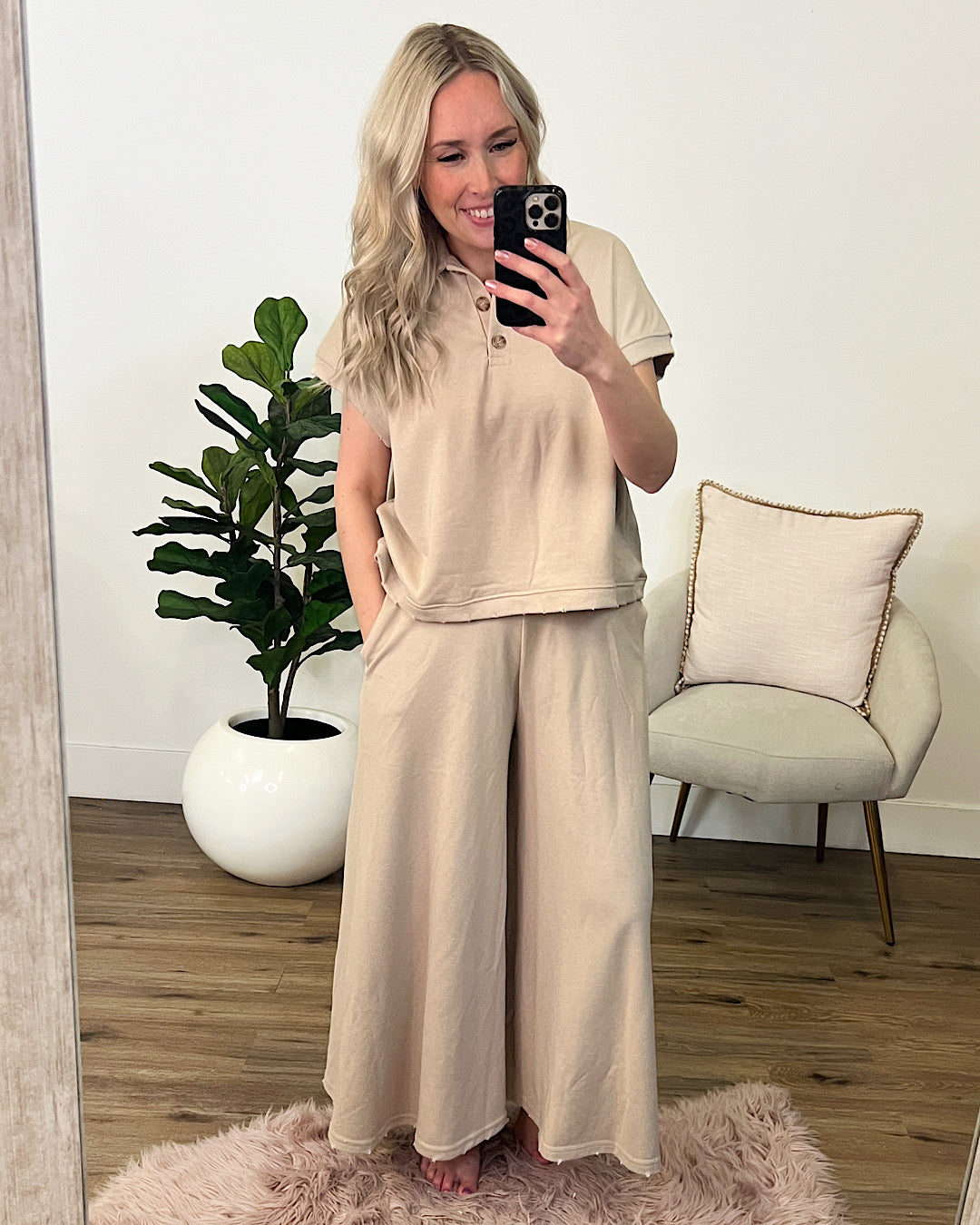 Rochelle Taupe Polo Top and Wide Leg Pant Set  Ces Femme   