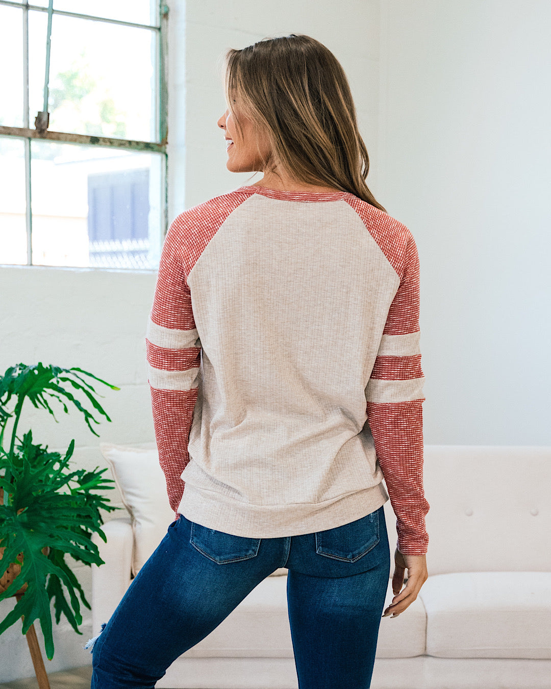 Krystie Oatmeal and Rust Textured Varsity Top  Staccato   
