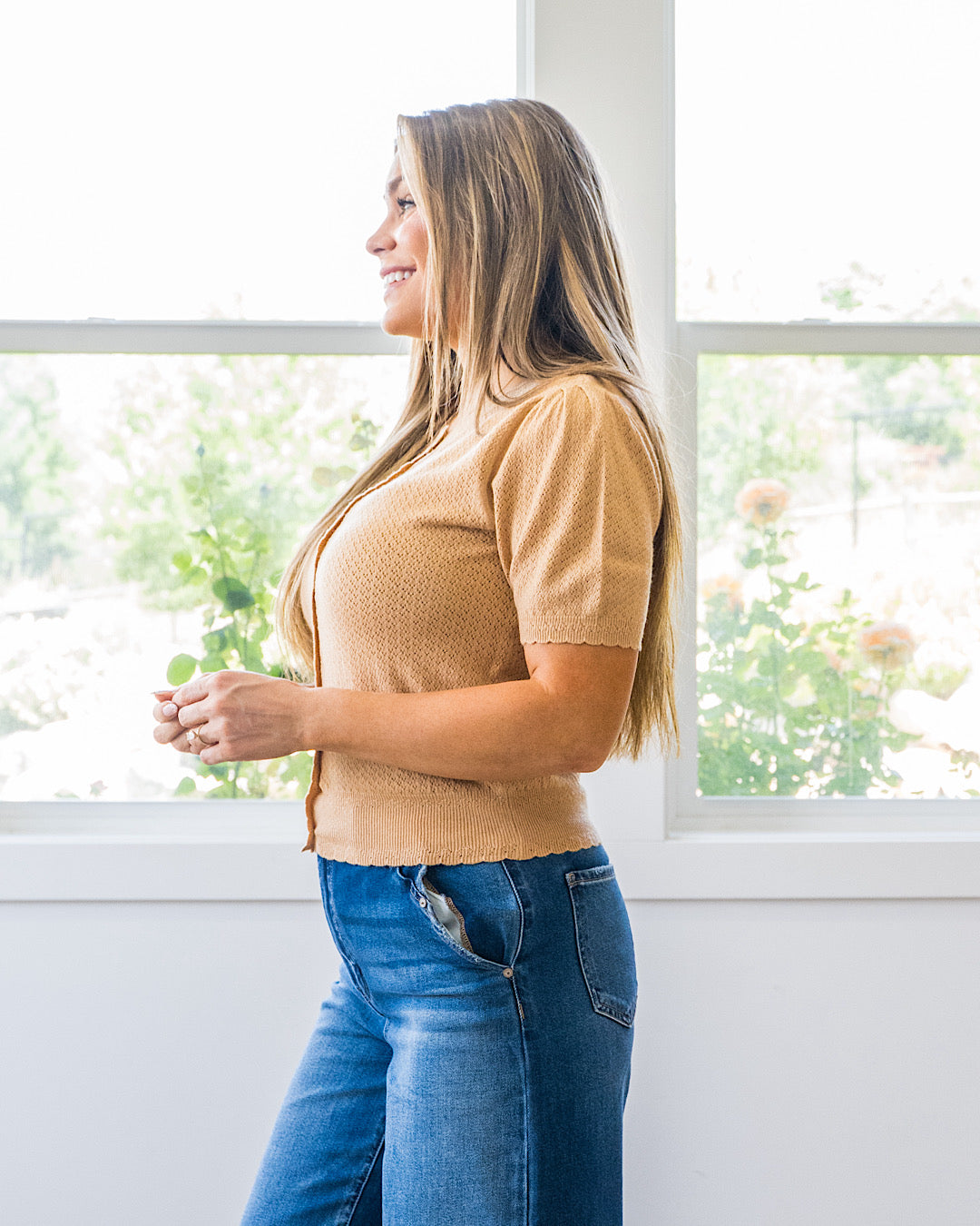 NEW! Brooke Pointelle Short Sleeve Cardigan - Latte