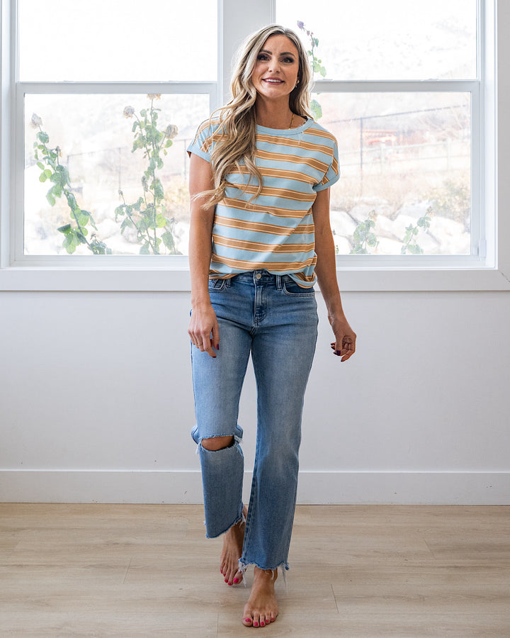 NEW! Kelly Striped Drop Shoulder Top - Blue & Taupe Staccato