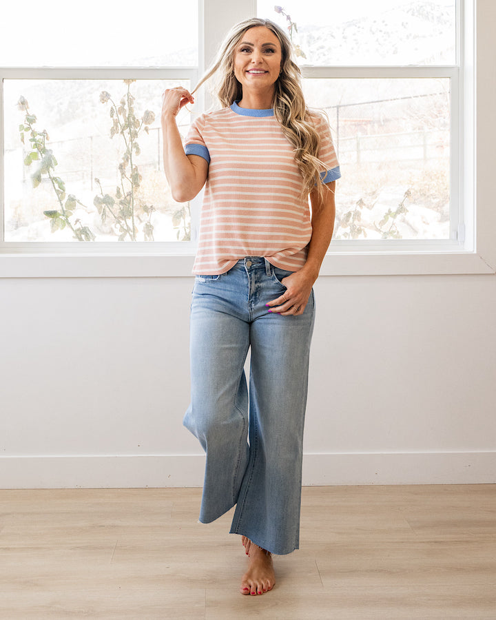 NEW! Asher Contrast Striped Cloud Knit Top - Dusty Rose & Blue