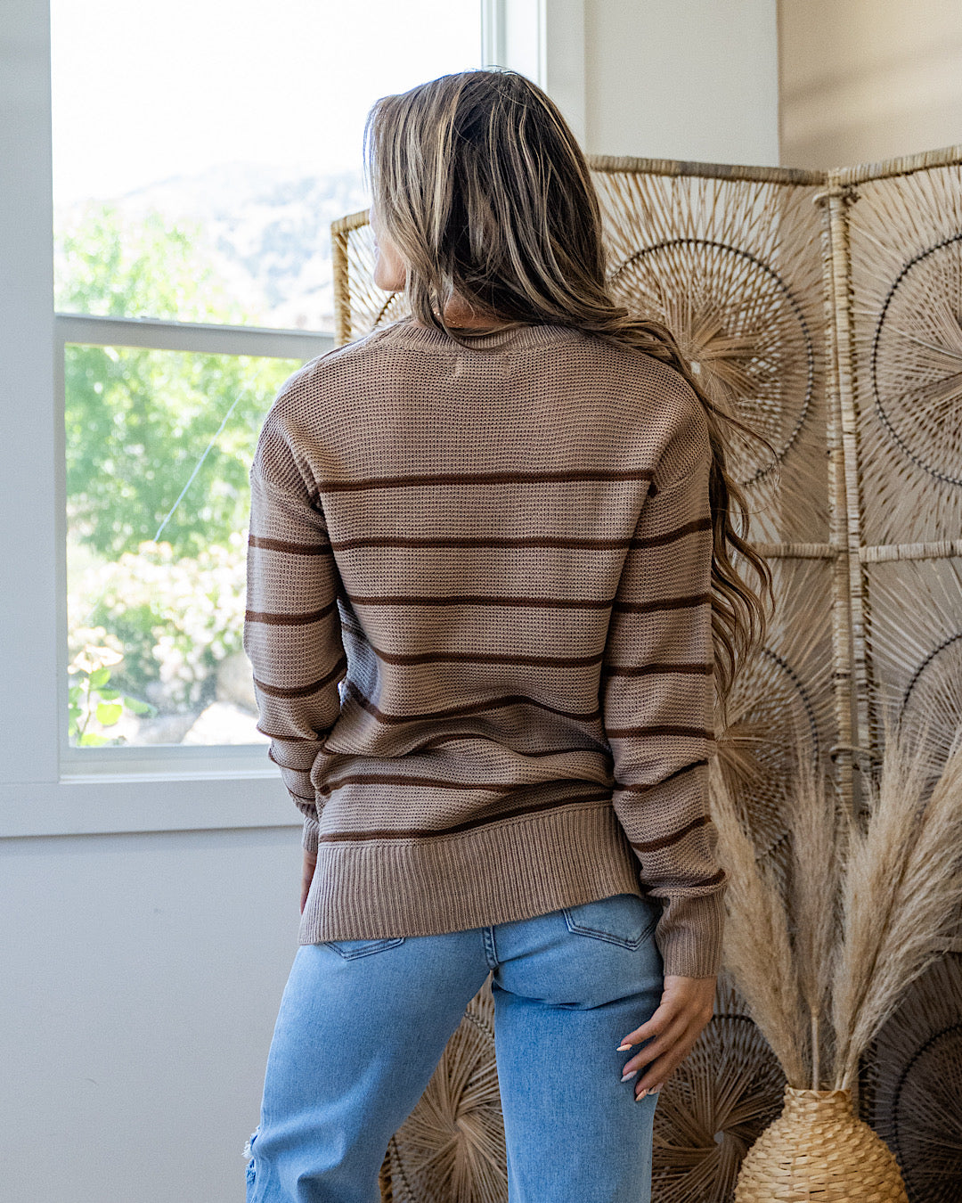 Andrea Striped Side Slit Sweater - Mocha Be Cool