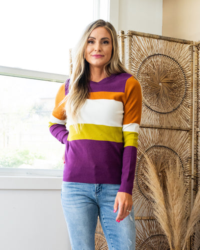 Tatiana Waffle Knit Striped Sweater - Plum, Copper & Chartreuse  Staccato   