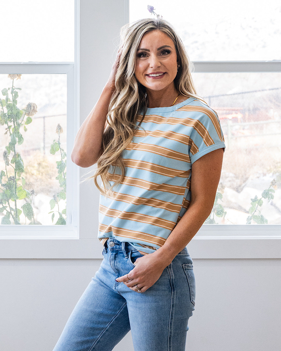 NEW! Kelly Striped Drop Shoulder Top - Blue & Taupe Staccato