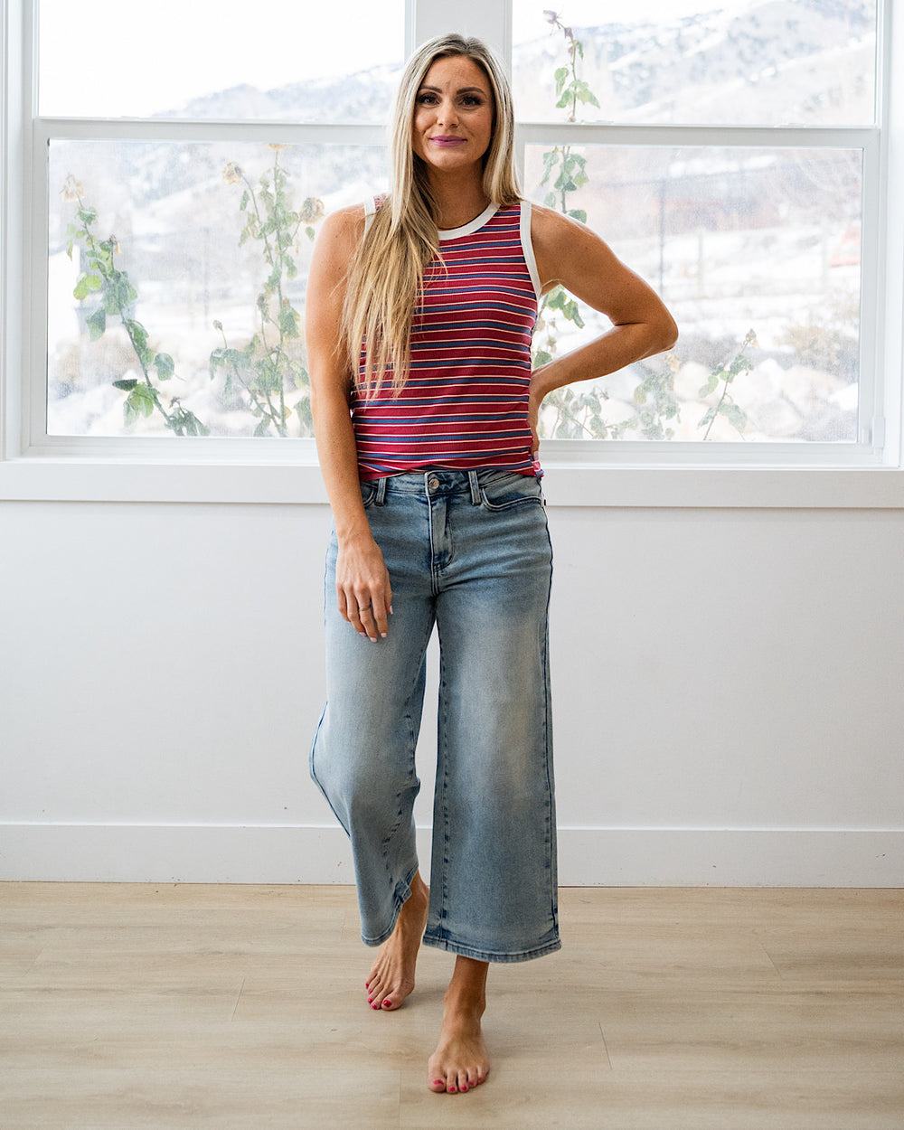 NEW! Esme Ribbed Contrast Striped Tank Top - Berry & White Wishlist