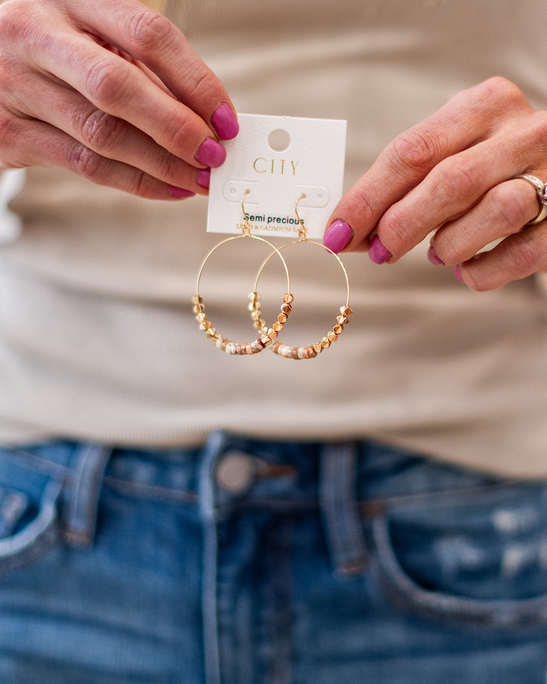 NEW! Gold Hoop Earrings with Semi Precious Natural Stones Trendy Wholesale