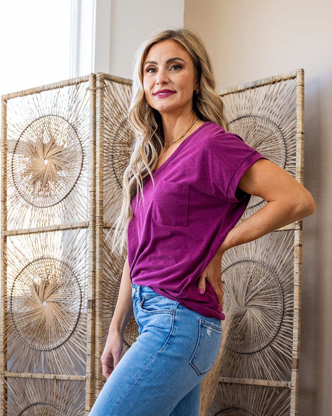 NEW! The Effortless V Neck Pocket Top - Magenta Staccato