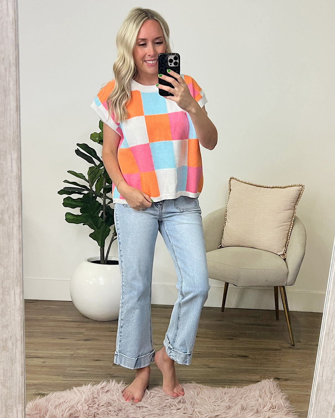 Shaylee Checkered Short Sleeve Sweater - Orange, Pink and Light Blue FINAL SALE  Bibi   