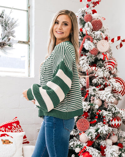 Home for the Holidays Green Striped Sweater FINAL SALE  Ces Femme   