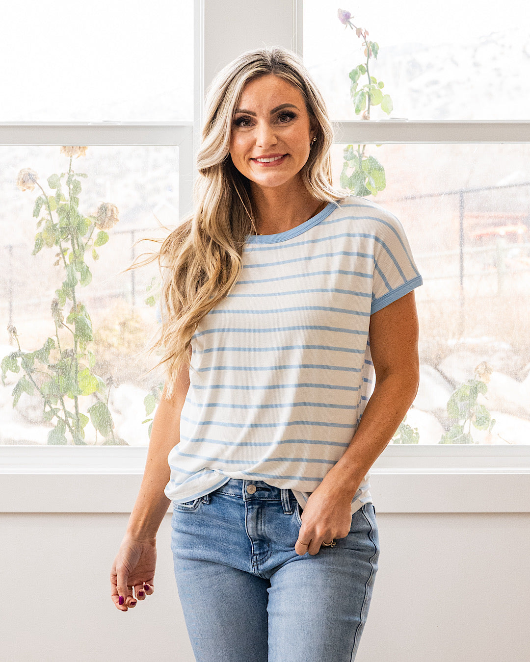 NEW! Juliet Striped Ribbed Top - Ivory & Blue