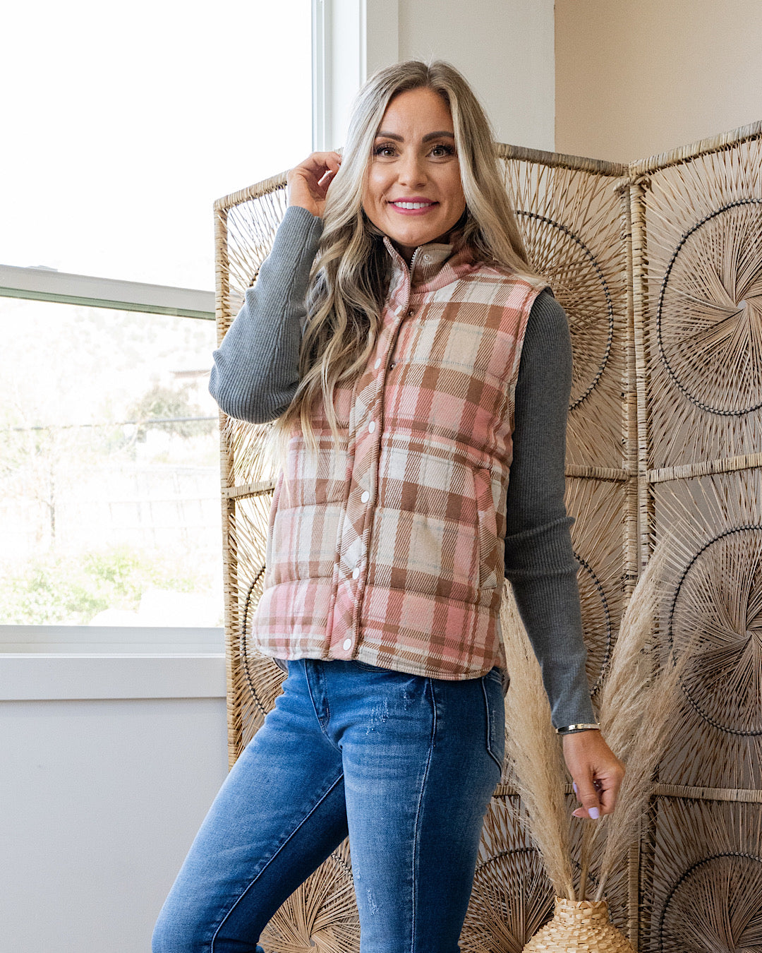 Gia Plaid Quilted Vest - Blush Staccato