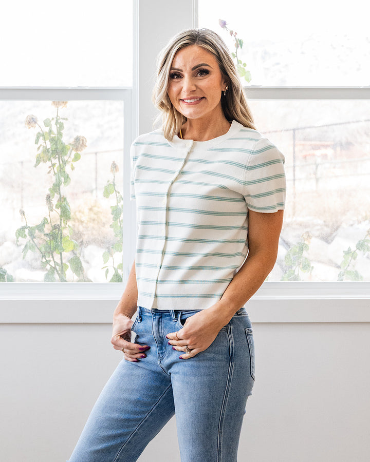 NEW! Courtney Striped Short Sleeve Cardigan - Seafoam Be Cool