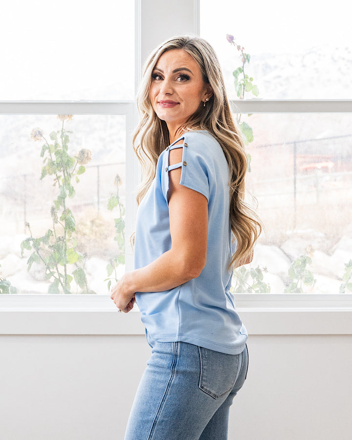 NEW! Can You See Me Caged Sleeve Detail Top - Sky Blue Staccato