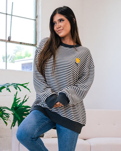 Smile Sweatshirt - Charcoal and Ivory Striped  White Birch   