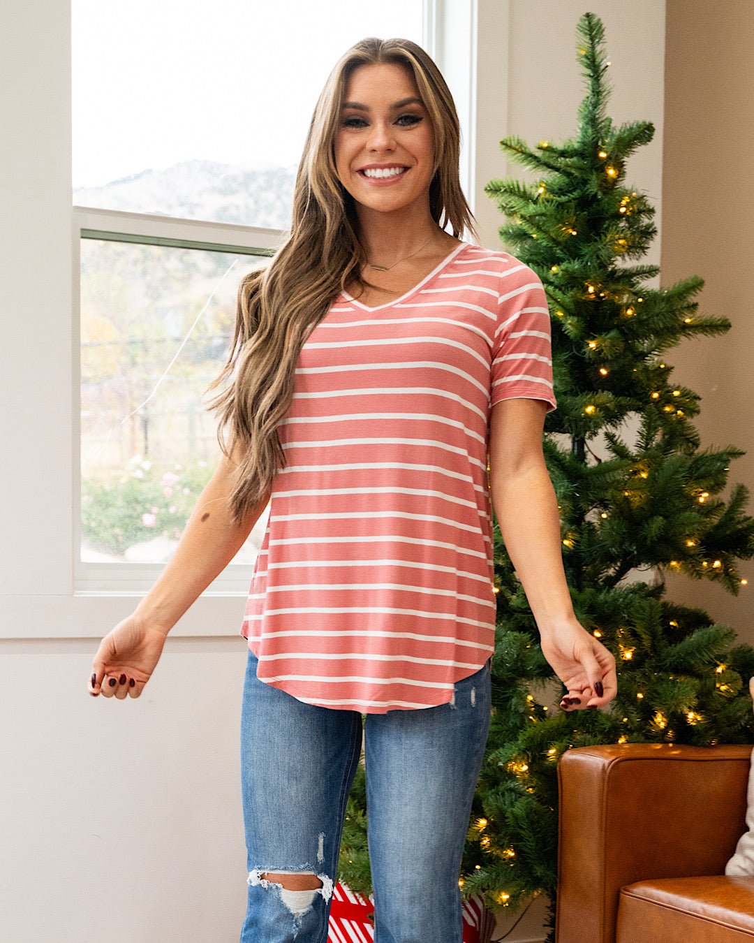 DOORBUSTER! Striped V Neck Top - Ash Rose Zenana