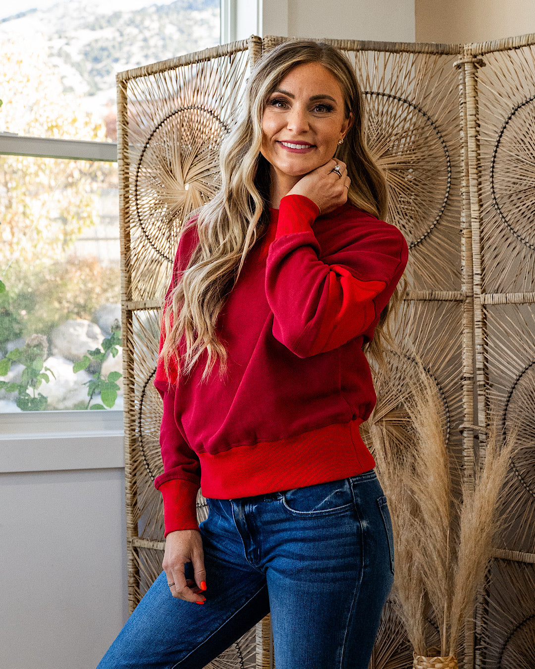 NEW! Mono B Varsity Color Block Fleece Crewneck - Garnet Red