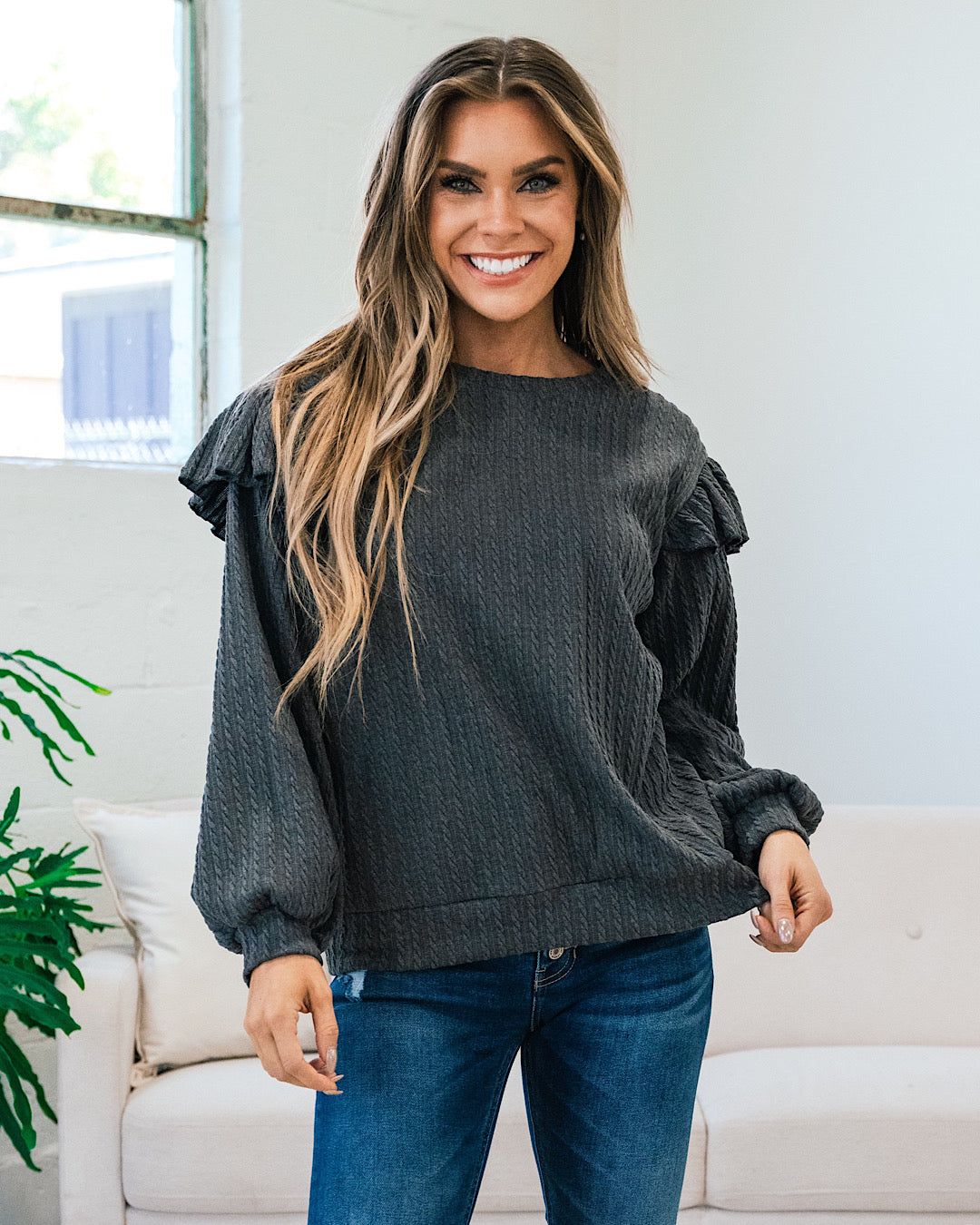 Corrine Textured Ruffle Shoulder Top - Charcoal FINAL SALE  Lovely Melody   