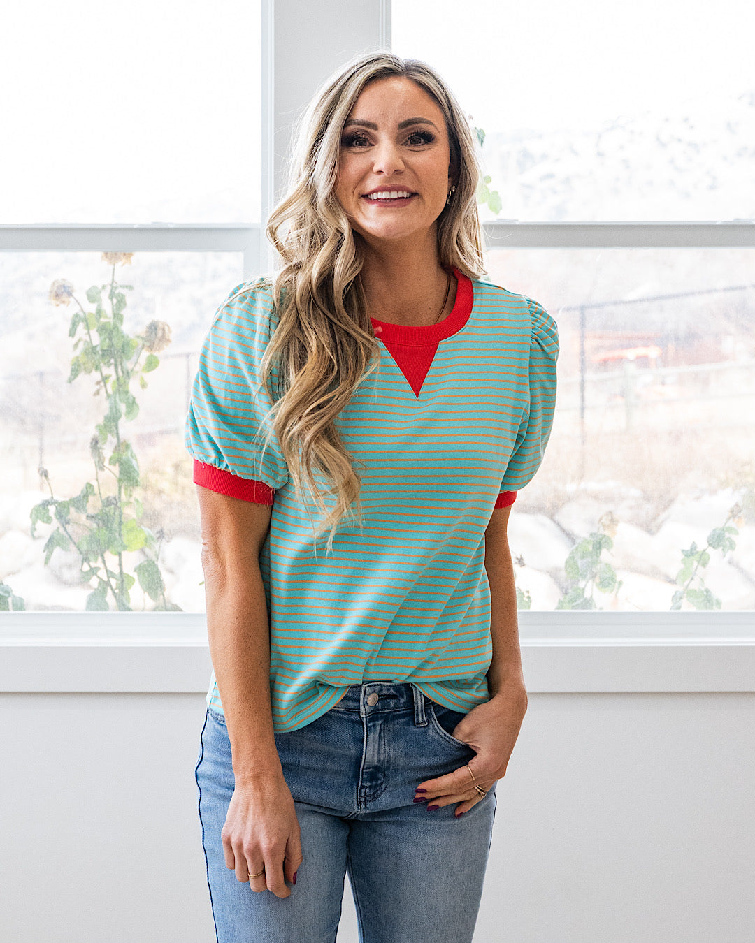 NEW! Becky Striped Puff Sleeve Top - Mint & Coral Staccato
