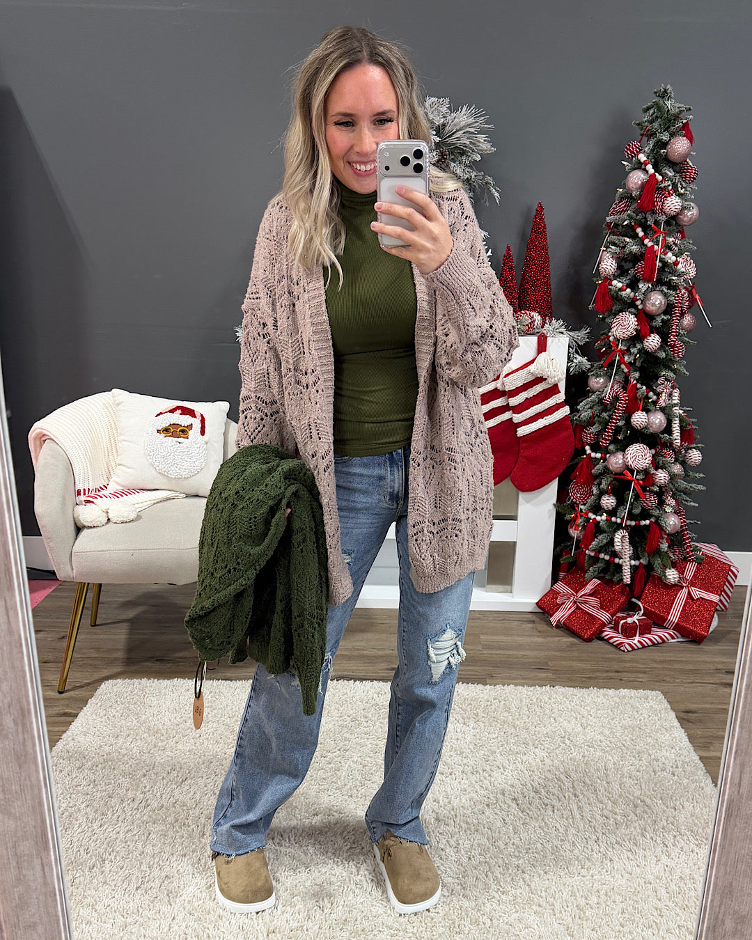 NEW! Roselin Pointelle Open Cardigan - Olive