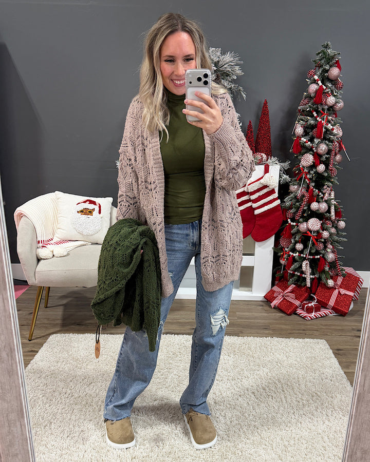 NEW! Roselin Pointelle Open Cardigan - Olive